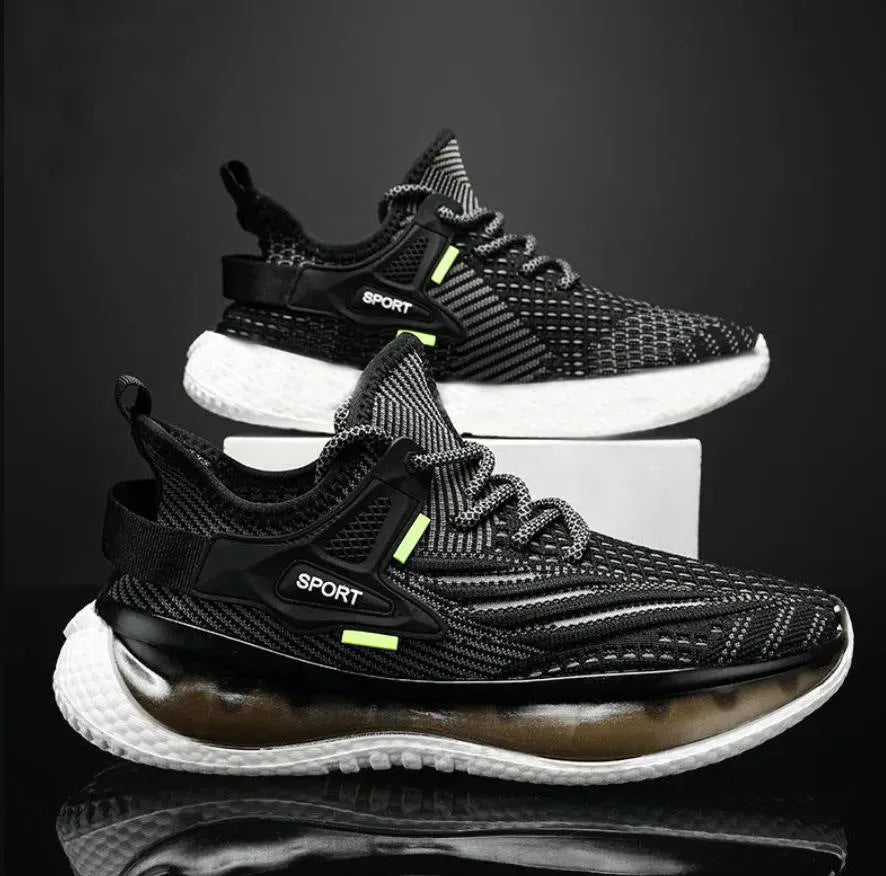 Men's white woven mesh platform sneaker with a flat rubber sole and round toe on a grey background.