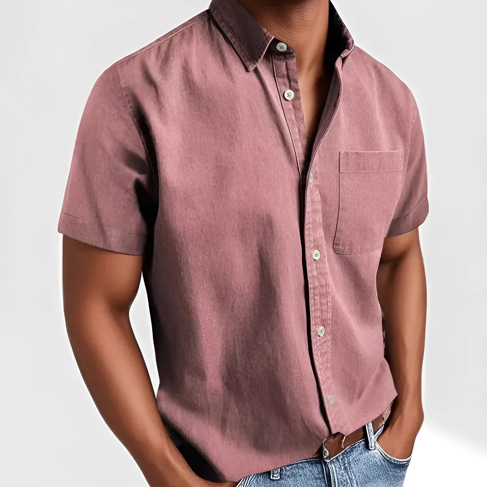 Men's short-sleeved polo collar shirt, solid colour, with pocket on front, in black, white, and khaki options