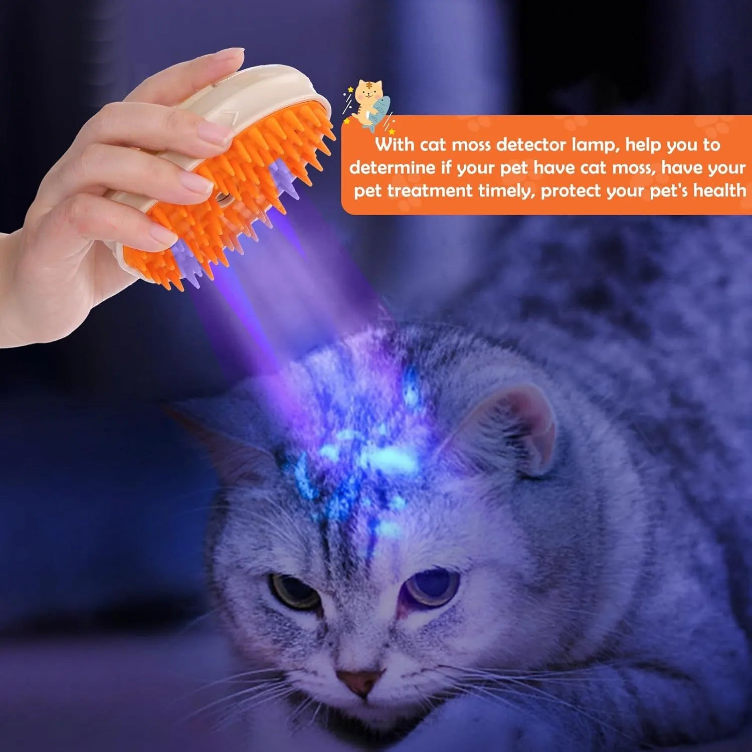 Yellow 4-in-1 cat steam brush with water spray, vibration massage, and ringworm detector for pet grooming