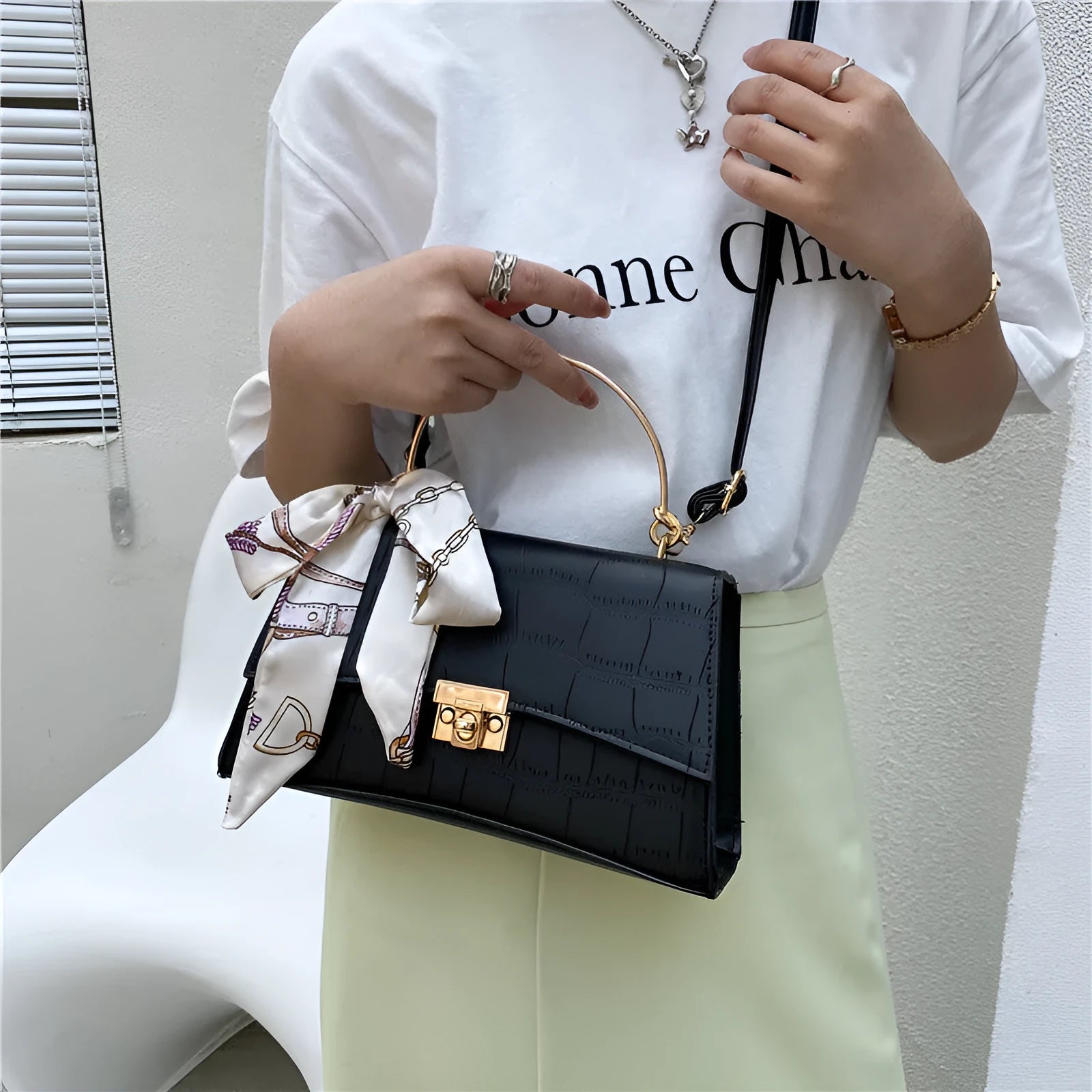 New fashion trending crossbody bag soft PU crocodile pattern solid colour black 25cm