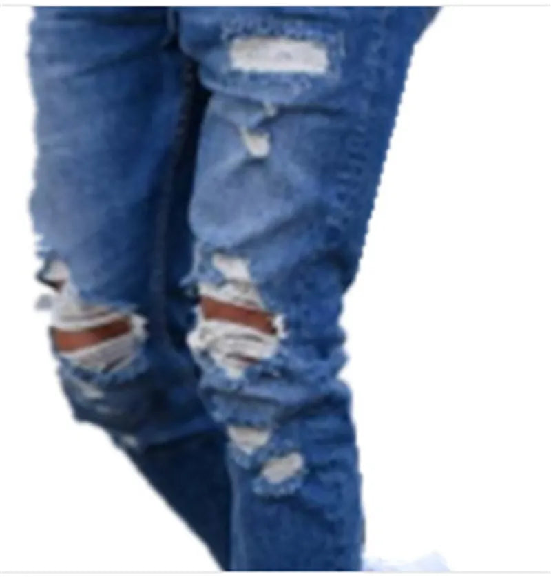 Men's distressed jeans with holes in deep blue cotton denim fabric