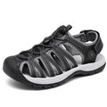 Women's plus size toe box sandals with elastic band, leather mesh upper, round toe, available in black