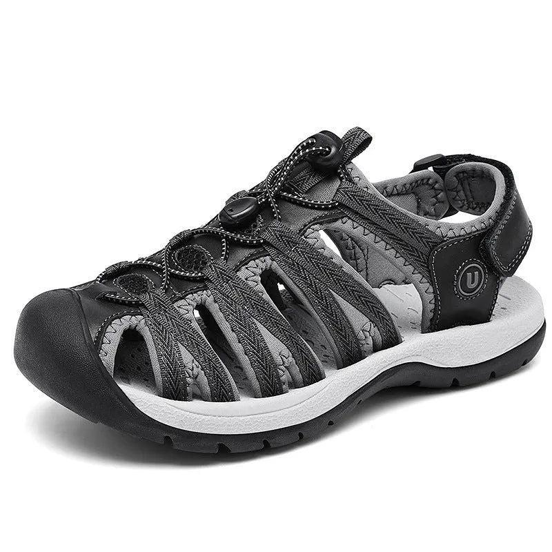 Women's plus size toe box sandals with elastic band, leather mesh upper, round toe, available in black