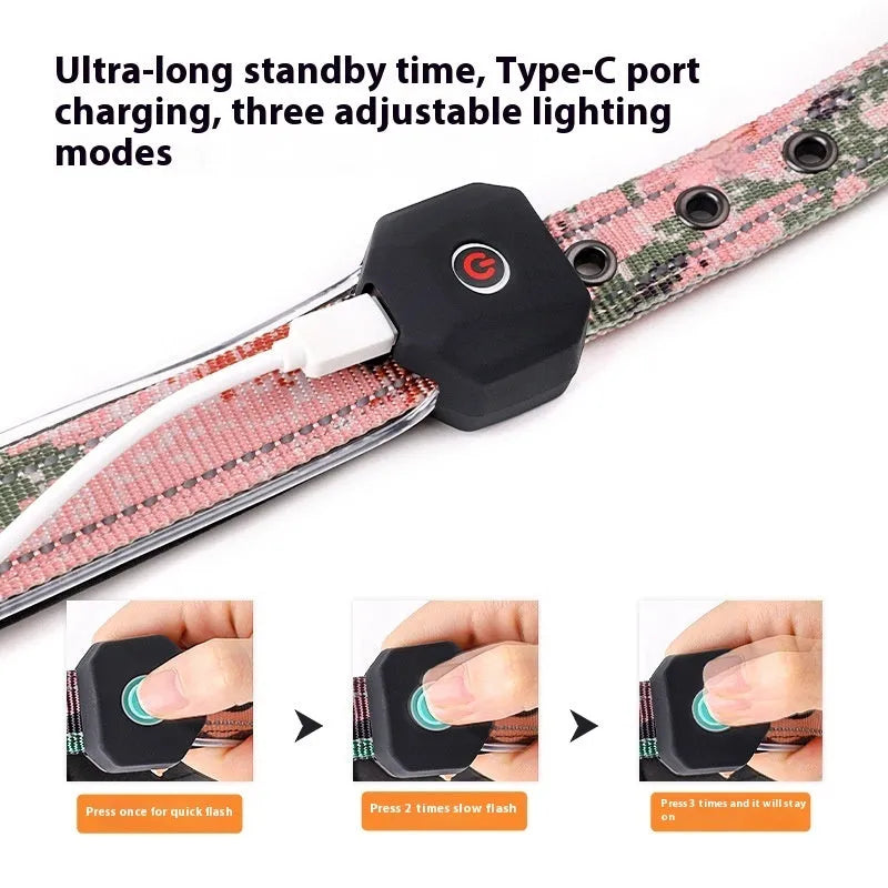 Blue and green plaid LED luminous dog collar with reflective stripe and USB charging, on a white background