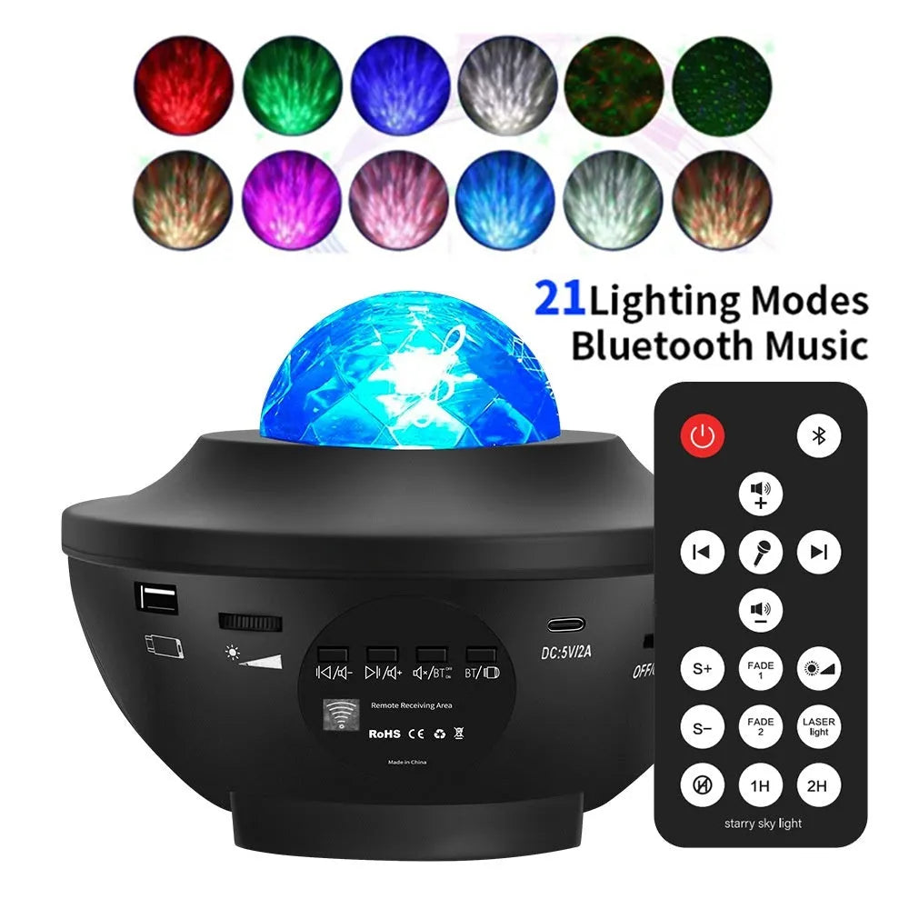 Black desktop starry sky projection lamp with rotating water ripple laser effects and remote control.
