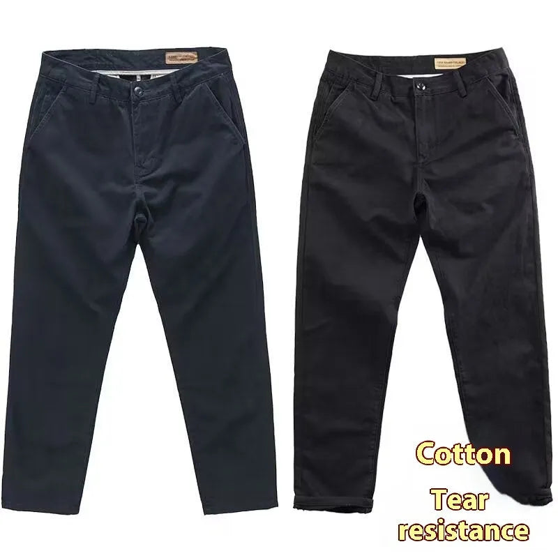 Men's micro elastic high-density slim washed straight-leg trousers in khaki, size M to 4XL