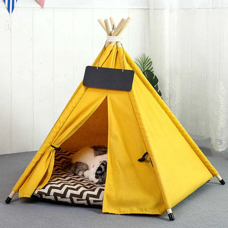 Striped flax linen pet teepee tent with cushion for small dogs cats rabbits