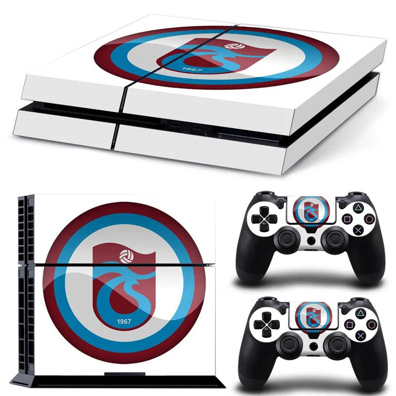 PS4 console with applied black PVC decal skin sticker showing high-definition print