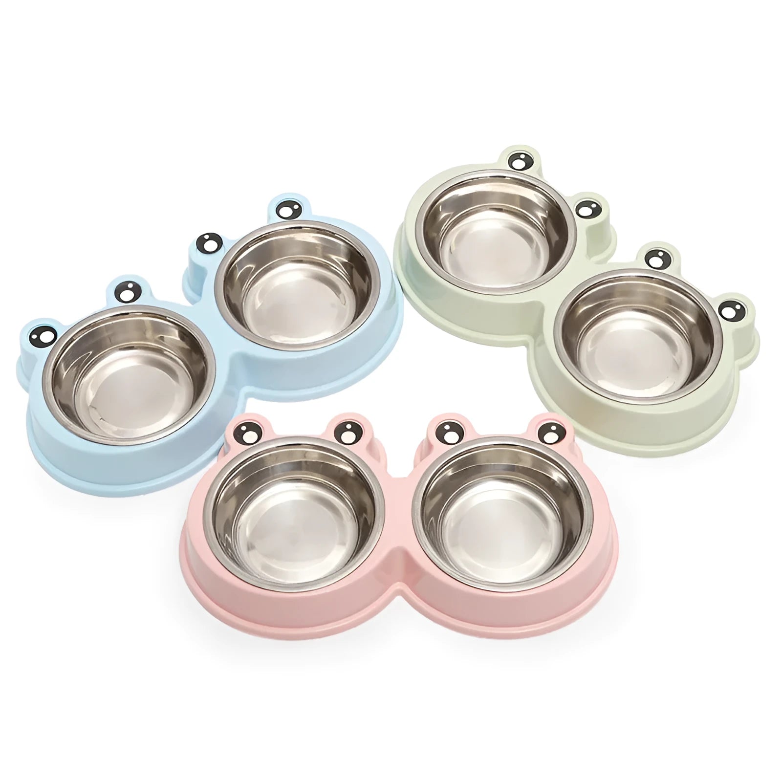 Stainless steel pet double bowl with food and water compartments in blue colour