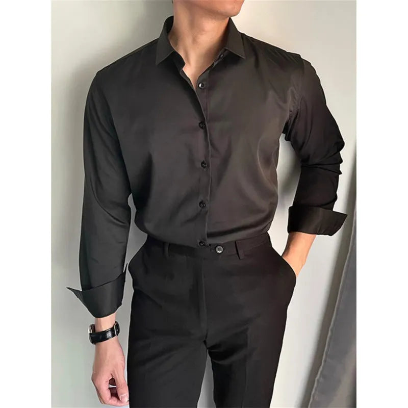 Men's solid colour Korean slim fit cardigan shirt in white, black, and dark gray, available in sizes S-5XL