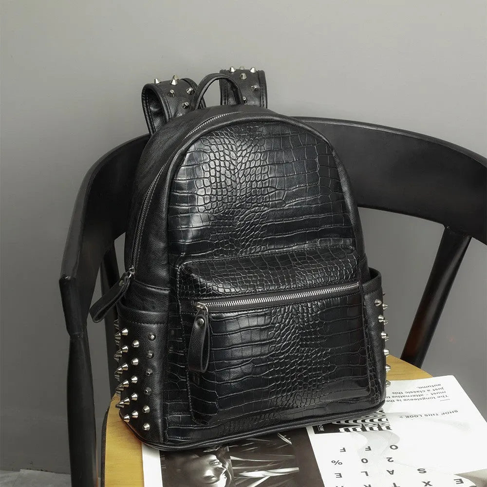 Large capacity black fashion computer schoolbag with waterproof PU leather and rivet detailing