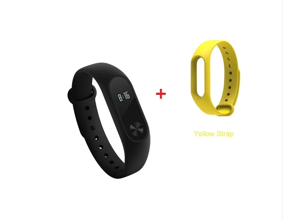 Xiaomi Mi Band 2 black smart fitness tracker with OLED touchscreen display on a wrist.