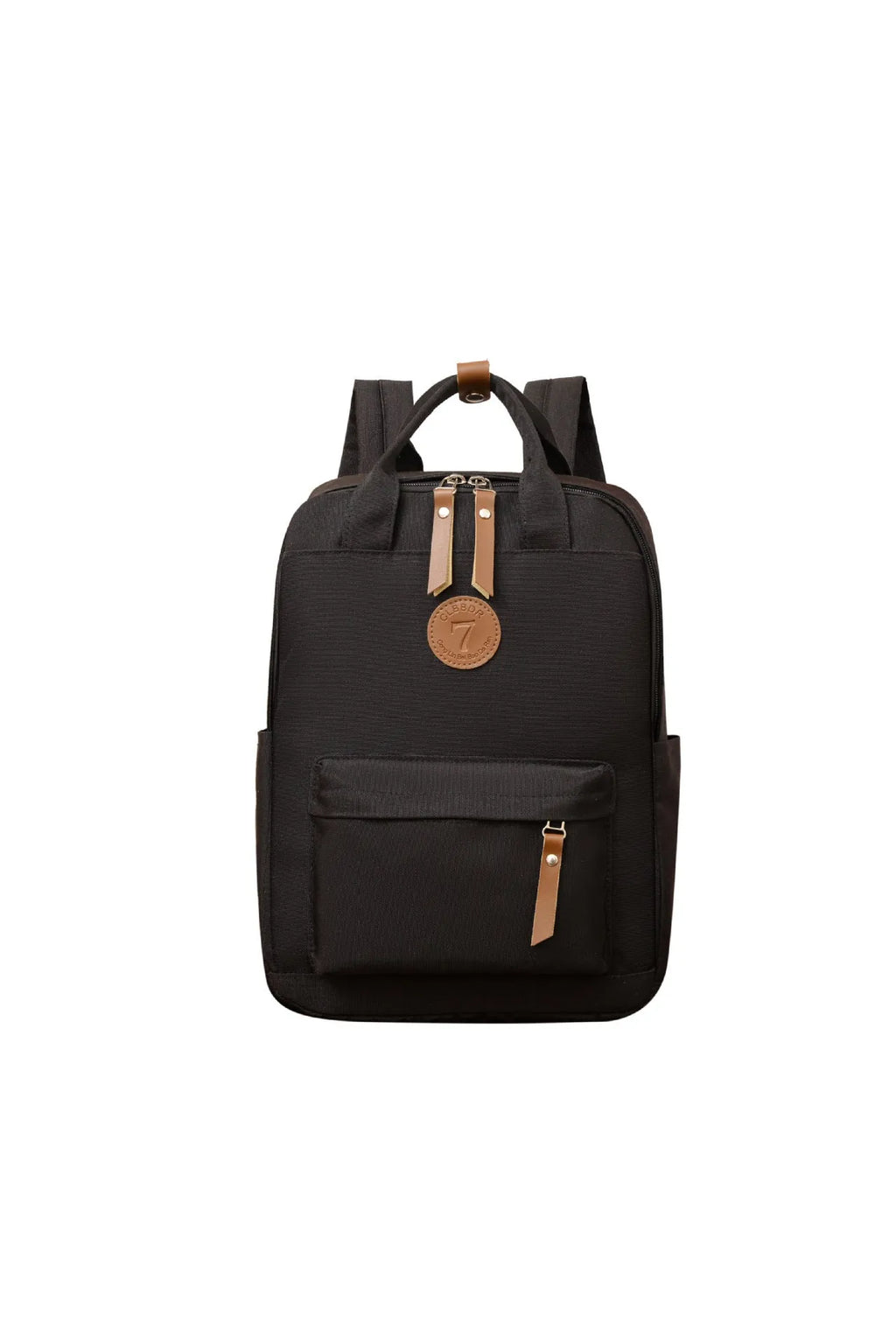 Black Oxford cloth leisure backpack with curved shoulder straps showing retro sewing thread details