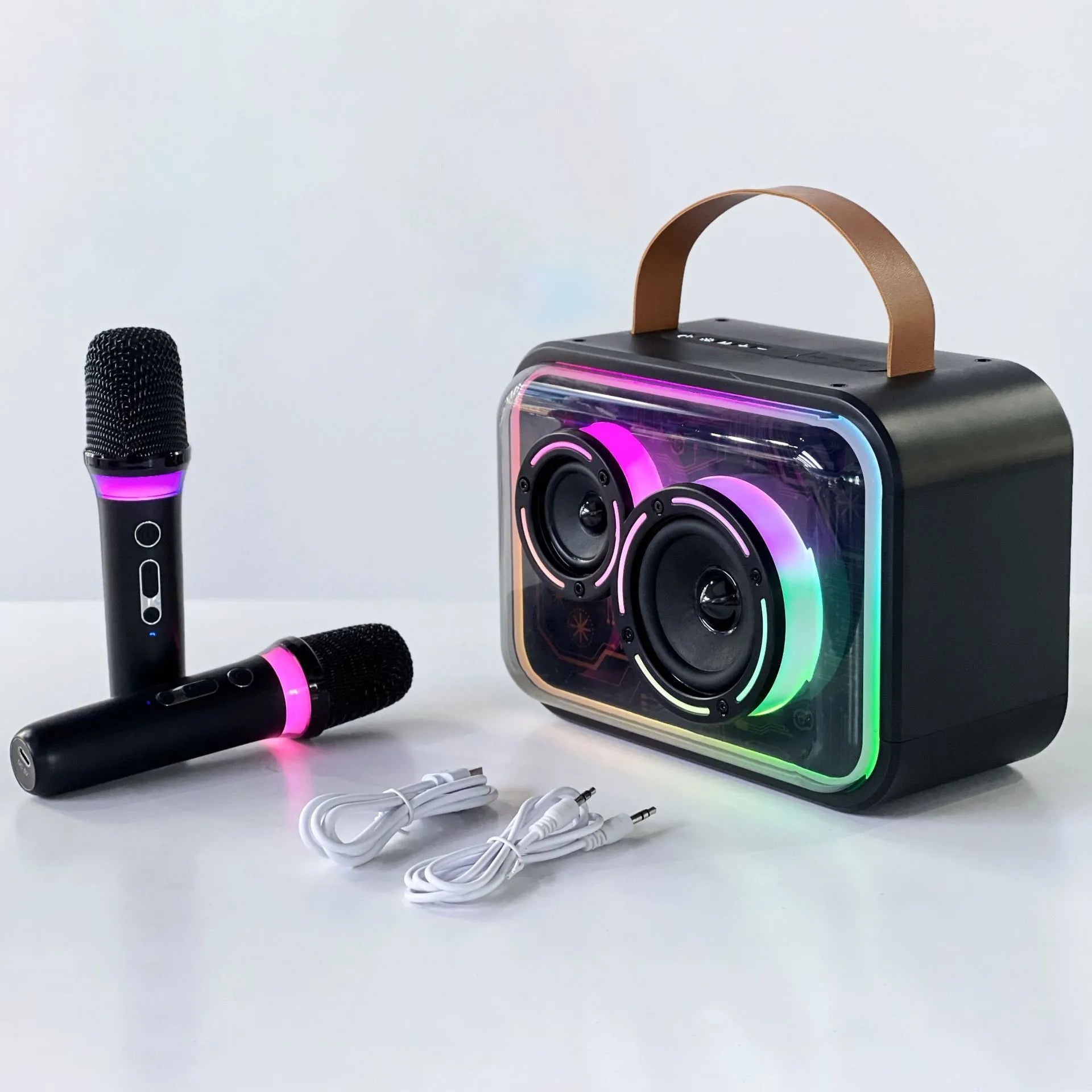 Bluetooth-compatible portable speaker with colourful RGB lights in black, with wireless karaoke microphone