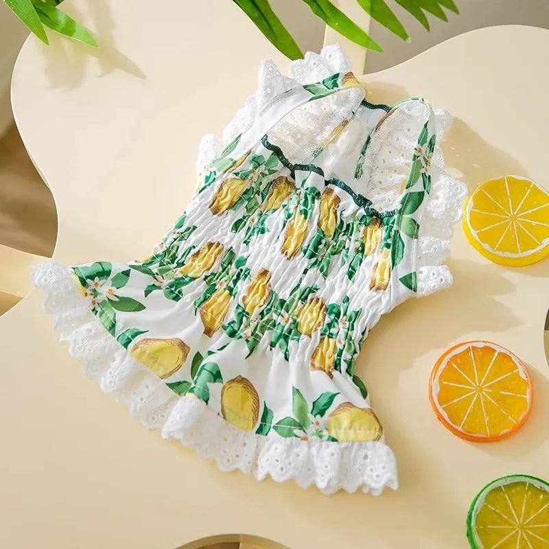 Rock yellow lemon dog strap skirt with princess style polyester fabric on small dog