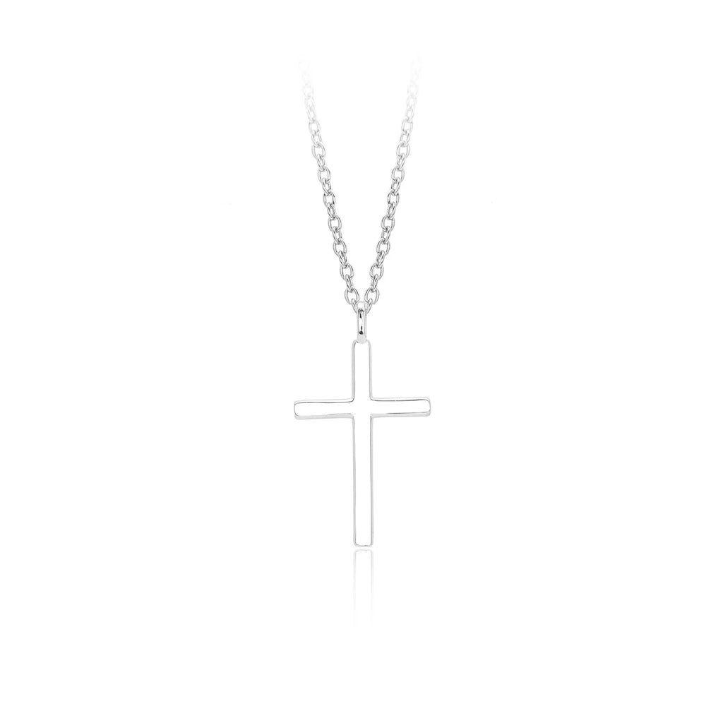 Simple glossy cross pendant on an O-chain sterling silver necklace in gold plating.