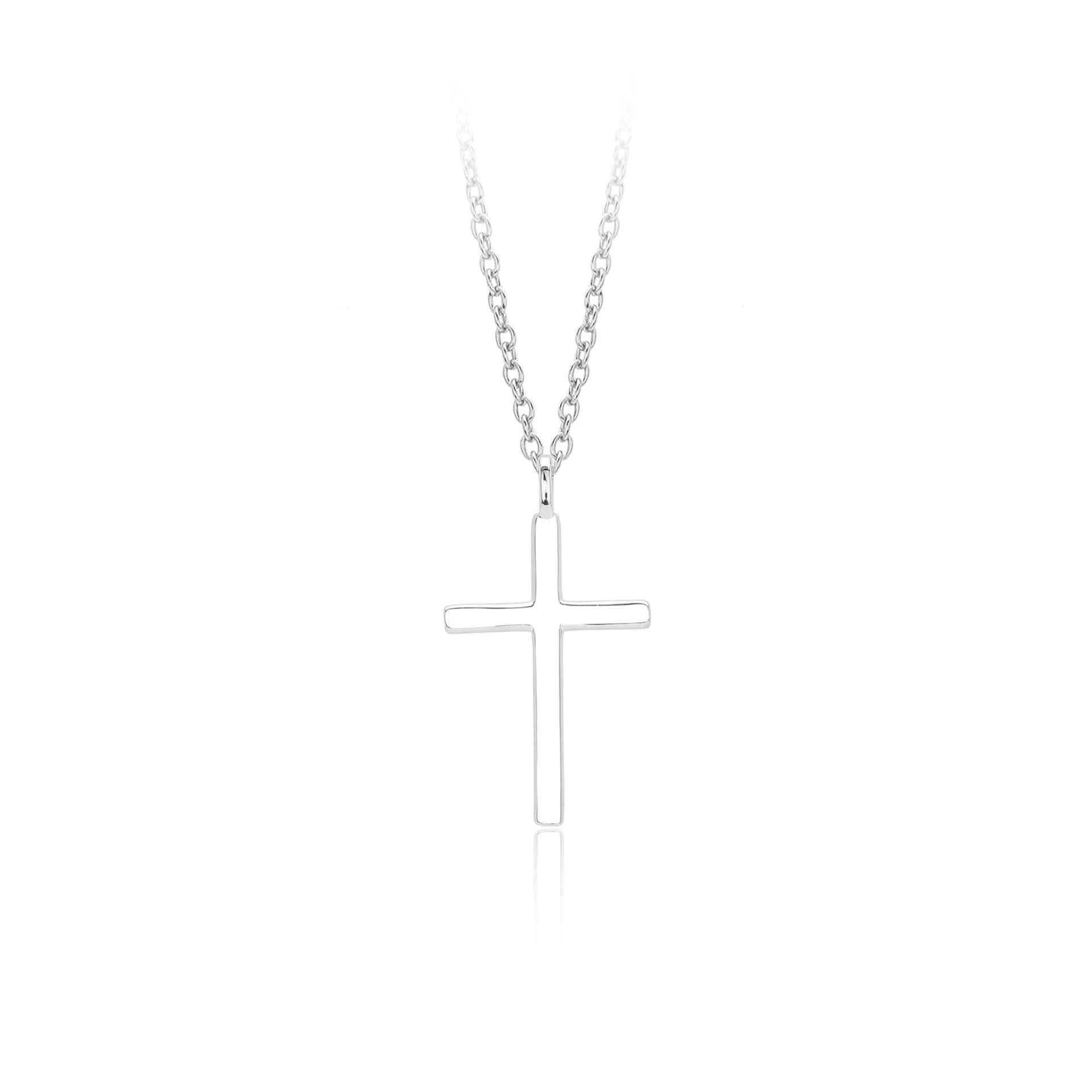Simple glossy cross pendant on an O-chain sterling silver necklace in gold plating.