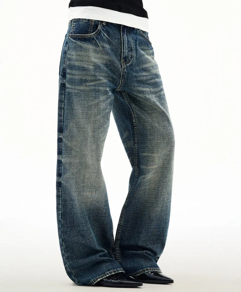 Men's wide leg jeans dark blue distressed cat beard straight loose cotton blend