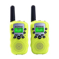 Child walkie talkie set showing two handheld radios in different colours on a green background.