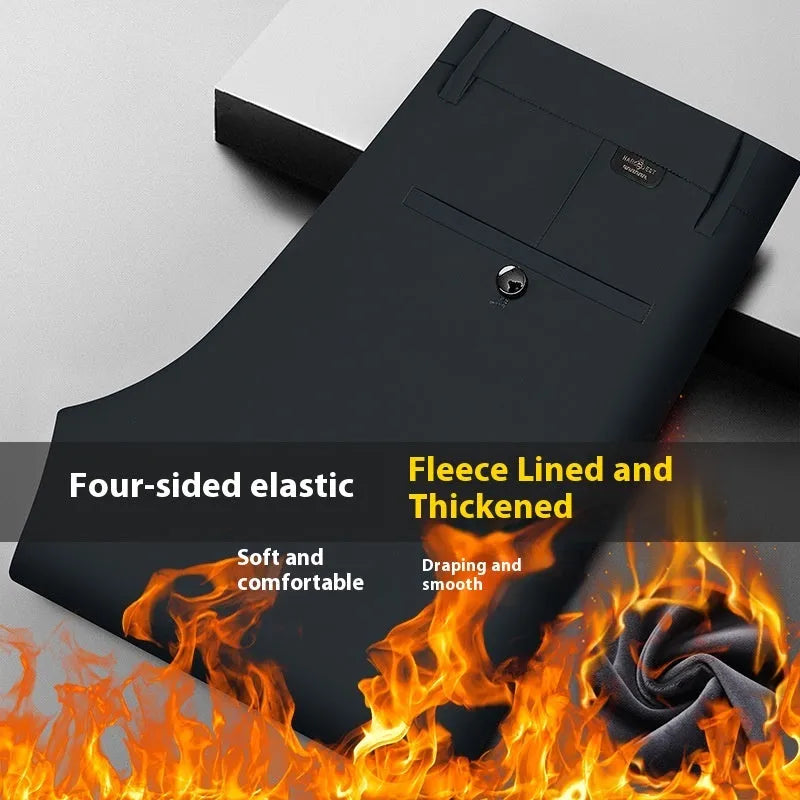 Fleece-lined men's trousers in black, straight fit, anti-wrinkle non-iron polyester fabric
