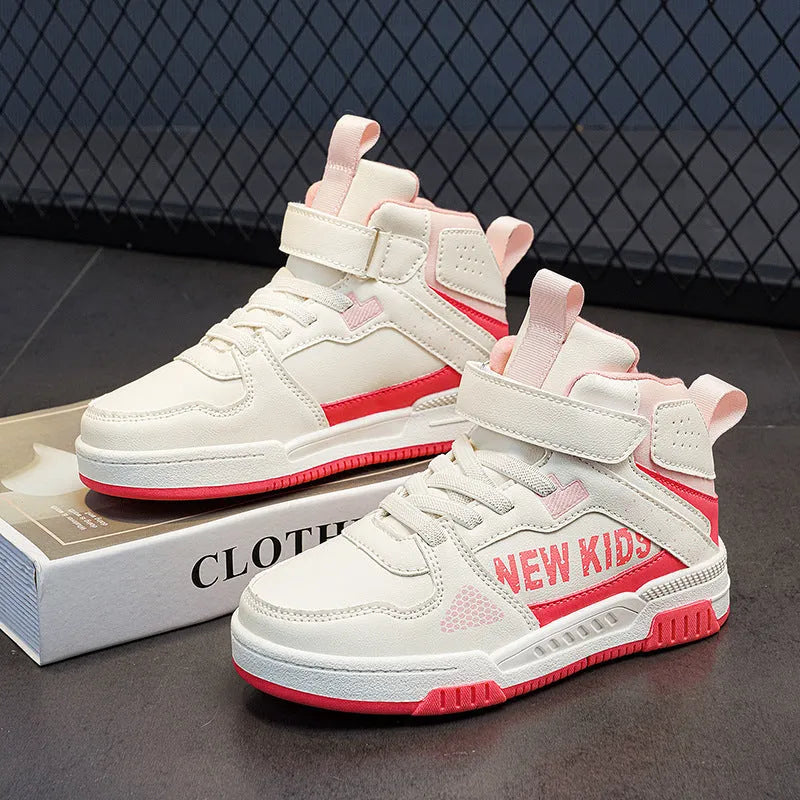 Children's street sneakers with PU upper, rubber sole, and buckle fastening in beige green, blue, or white options.