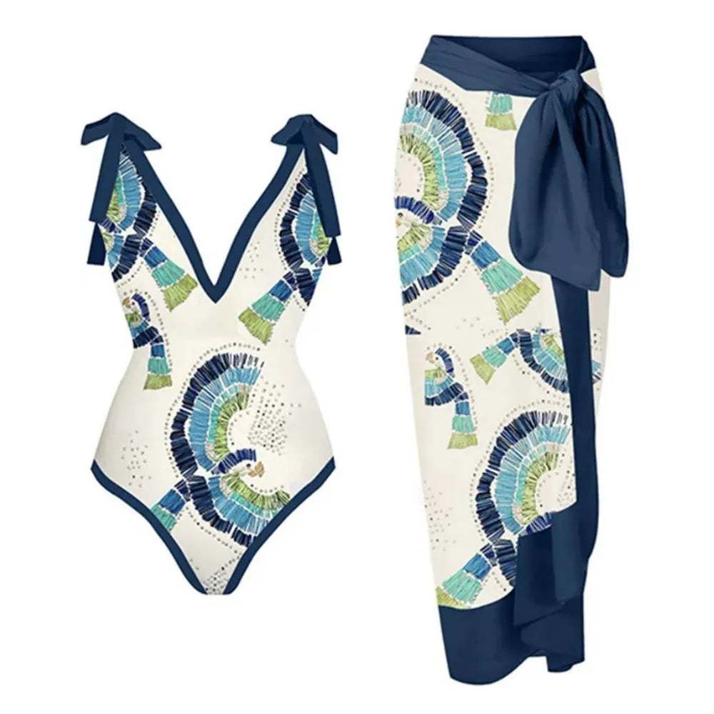 French retro one-piece backless swimsuit in blue with matching gauze skirt for beach or hot spring use
