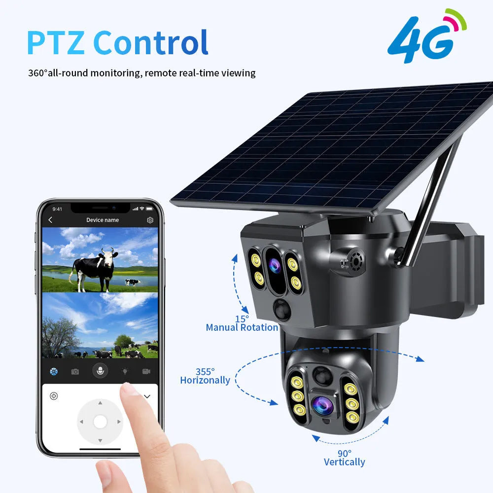 Solar-powered dual lens PTZ security camera with 2560x1440 resolution and infrared night vision