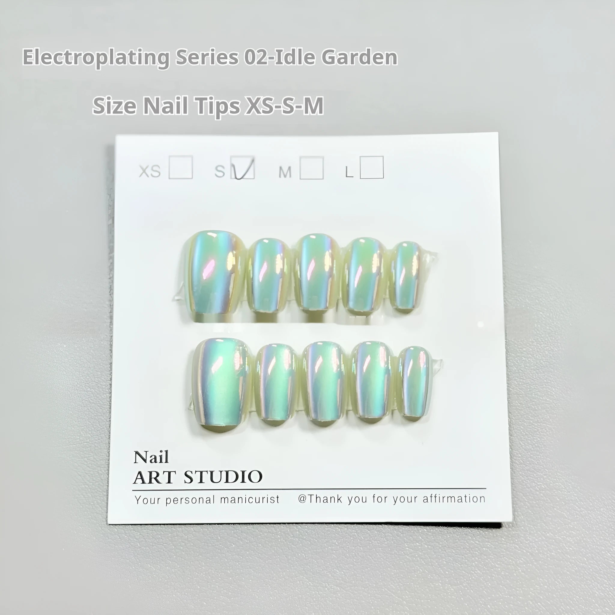 Electroplated Cat's Eye false nails with aurora finish in short stiletto sizes