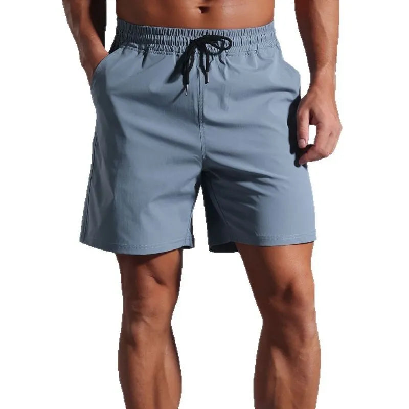 Men's quick-dry casual shorts in khaki, loose straight fit, mid waist, polyester fabric