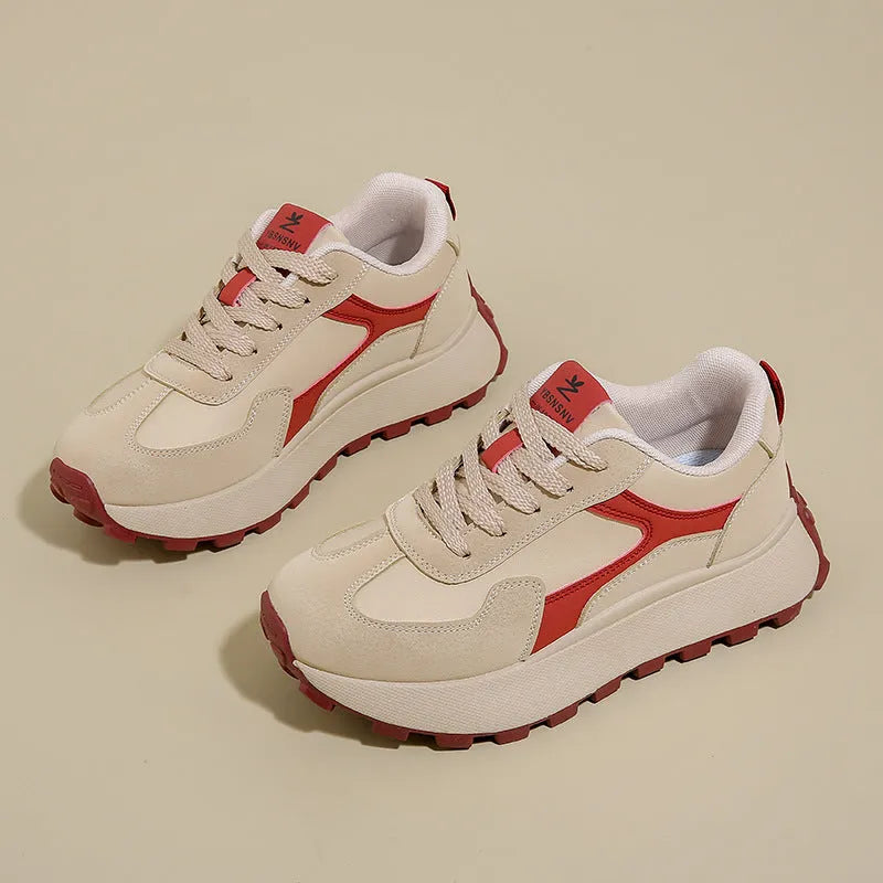 Women's low-top lace-up platform sneakers in three colours with a rubber sole and mesh lining.