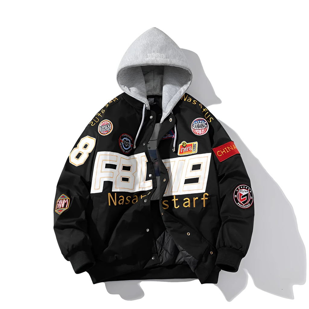 Motorcycle baseball uniform jacket with detachable hood and side seam pockets in black colour