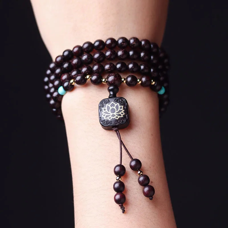 Zambia Rosewood Buddha bead bracelet with flat lotus pendant, 108 beads, grinding finish