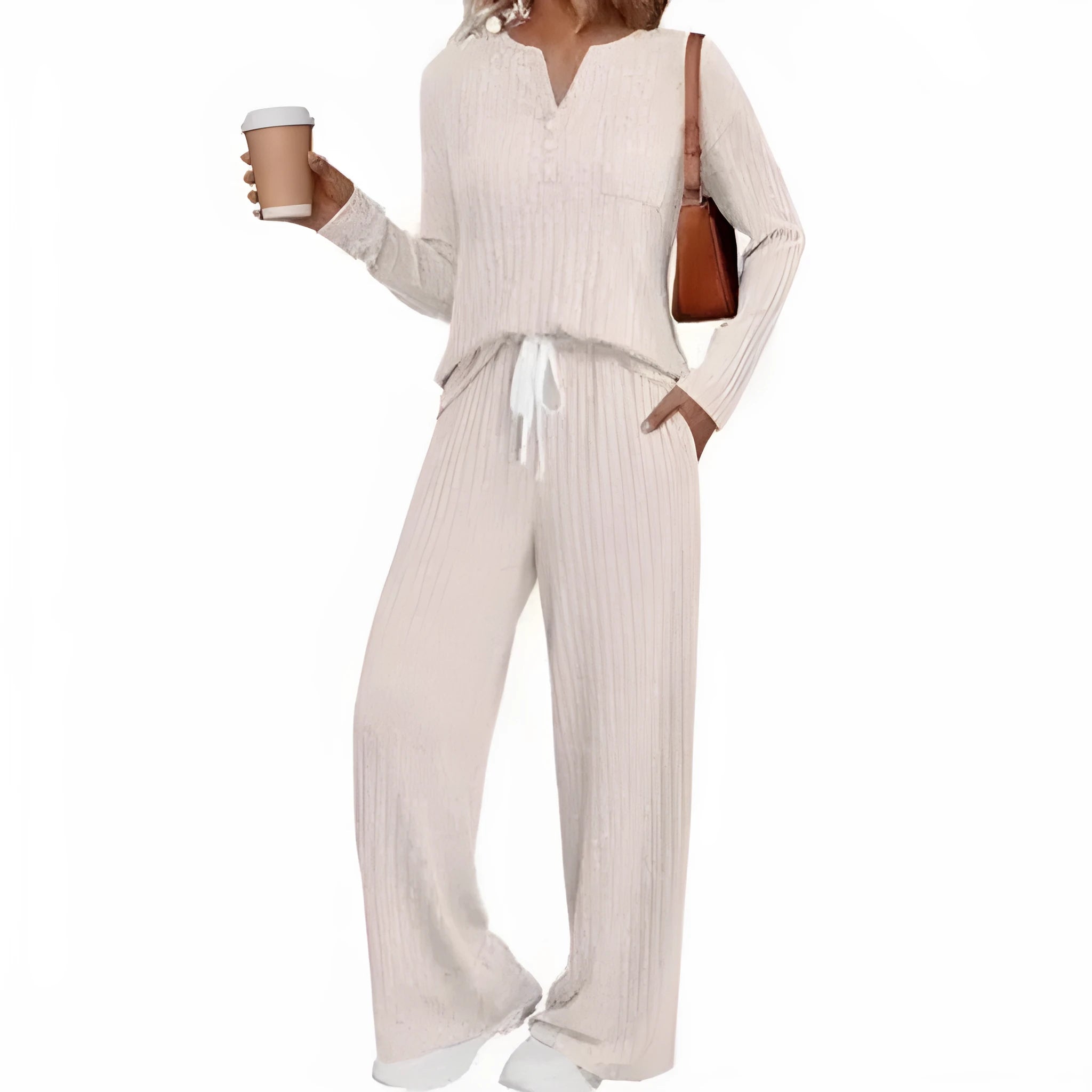 Women's knitted long coat and trouser set in a stripe pattern with V-neck and lace-up detail.