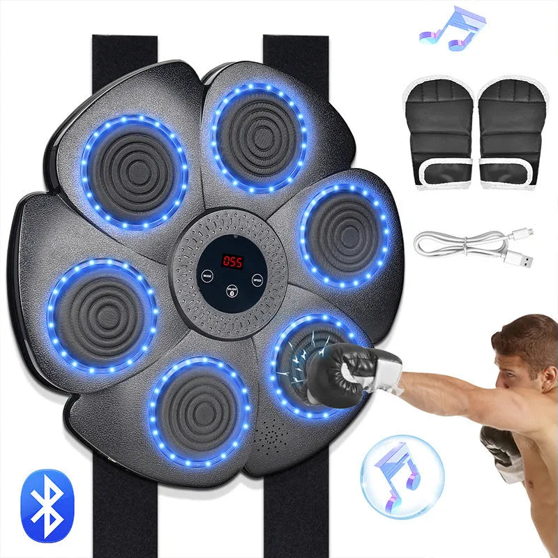 Black smart boxing wall target with Bluetooth and lights, includes half-finger gloves