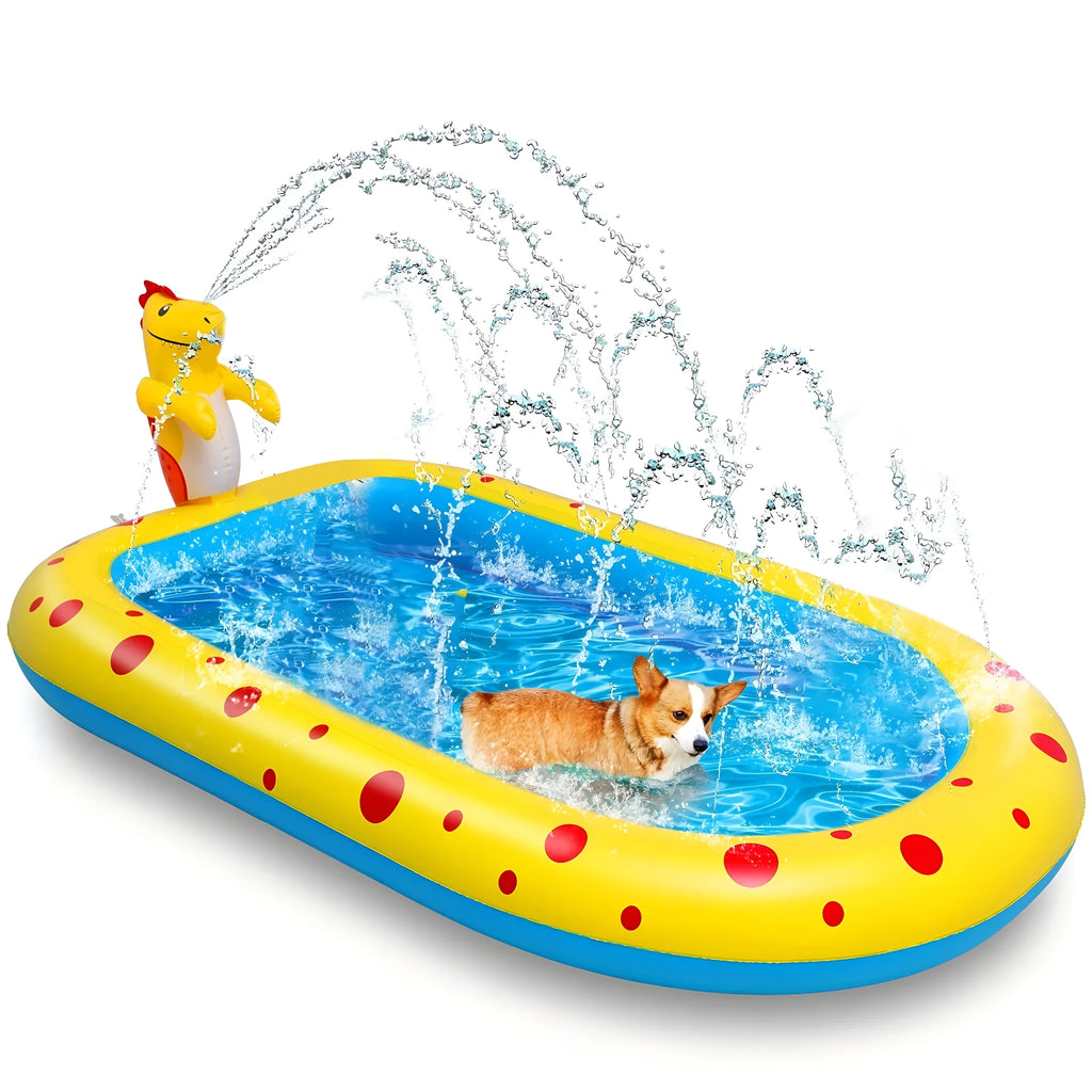 Blue inflatable dinosaur-shaped children's paddling pool with water spray play mat in a garden.