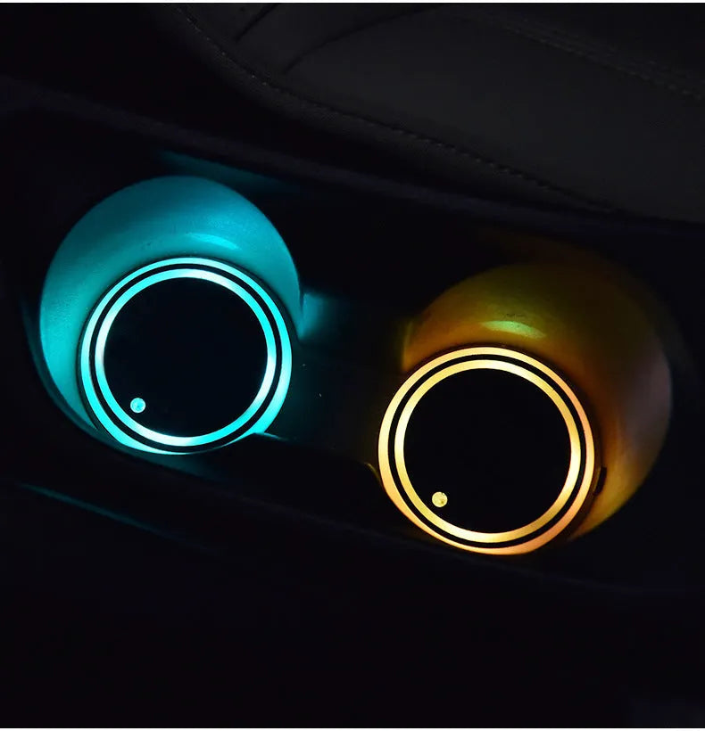 Colourful LED light-up car cup holder coaster showing multiple colour options