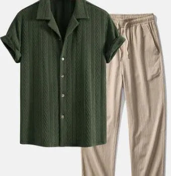 Men's slim fit camouflage print short-sleeved shirt and trousers two-piece casual suit