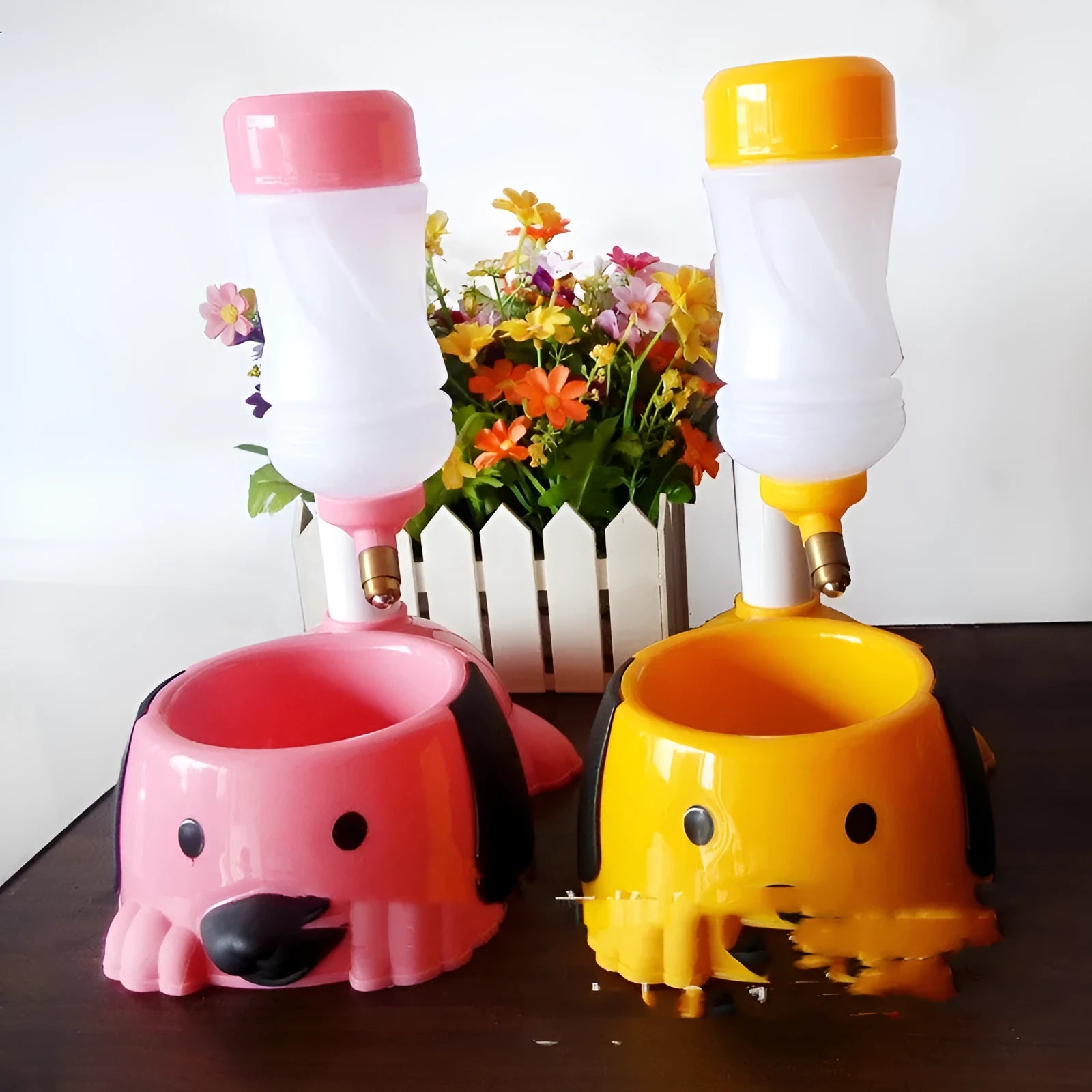 Adjustable plastic pet drinking bowl with rod lifting mechanism in blue pink or yellow reaching 42cm height