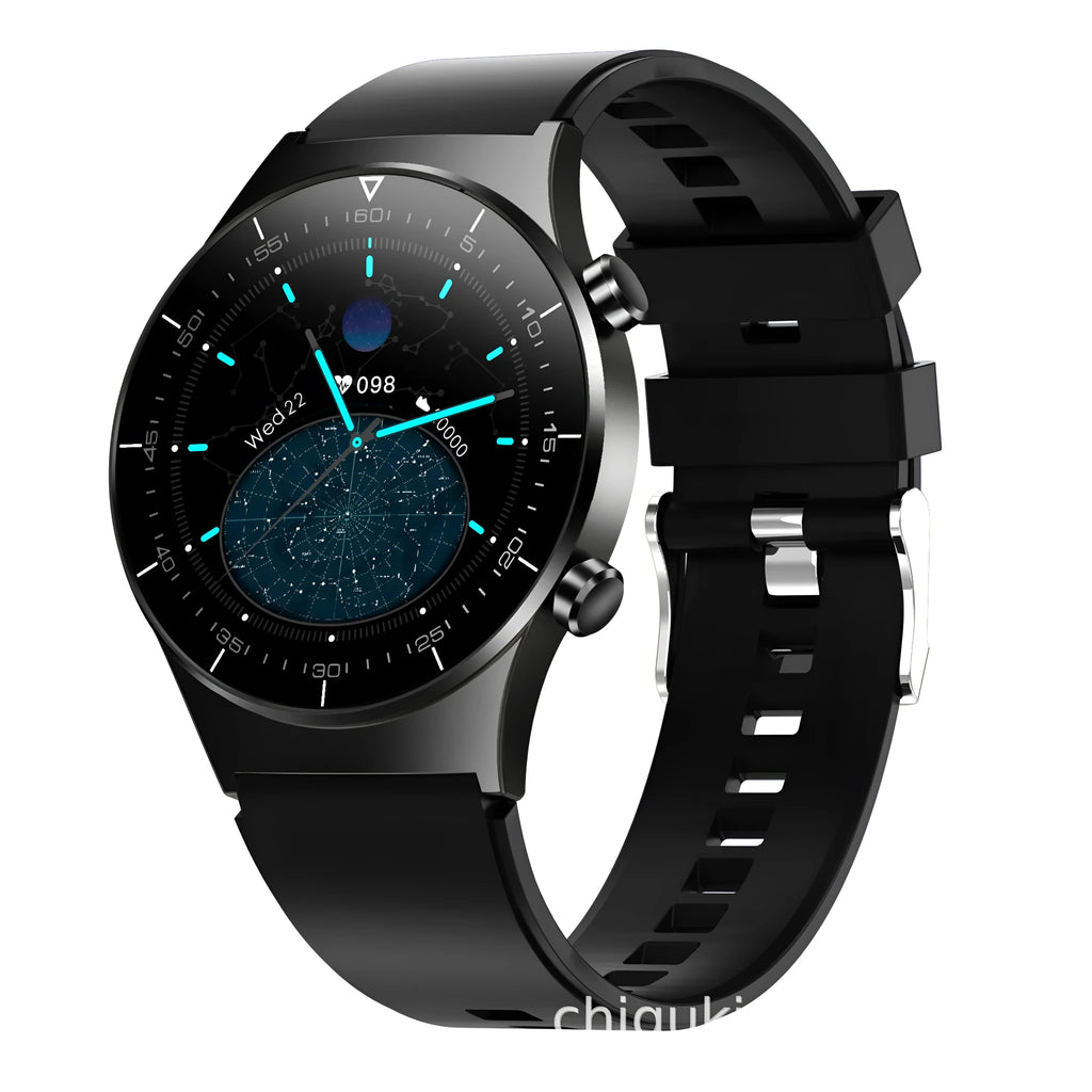 Black smart watch with heart rate monitoring on TPU wristband showing 1.28-inch glass touch screen