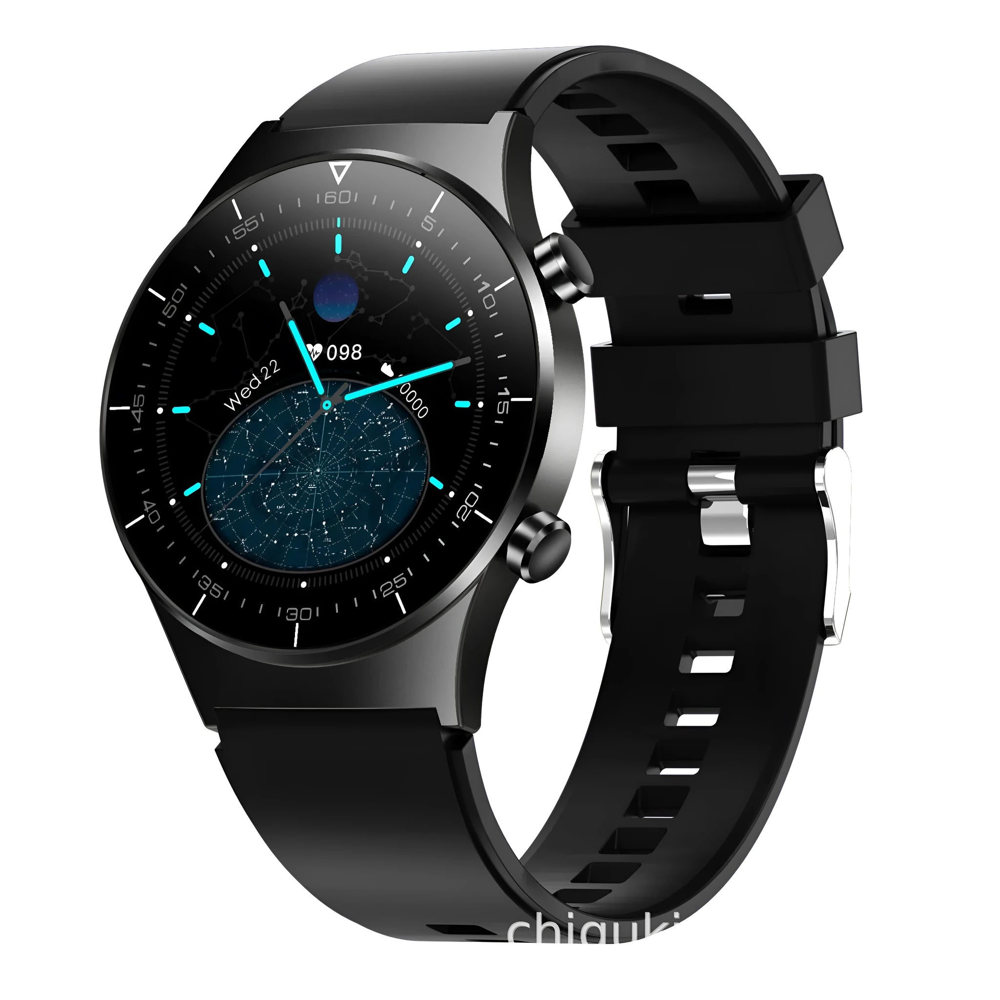 Black smart watch with heart rate monitoring on TPU wristband showing 1.28-inch glass touch screen