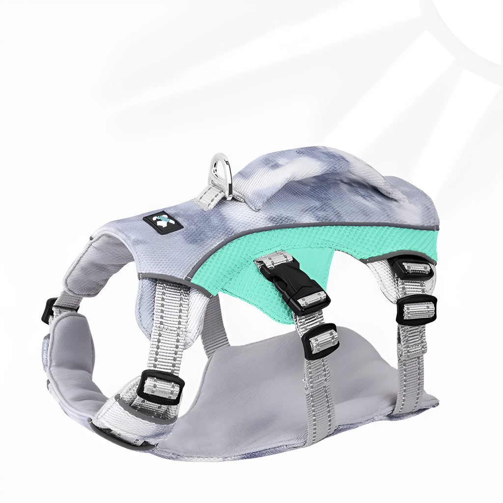 Reflective pet cooling chest strap harness in light blue, pink, dark blue, or orange.