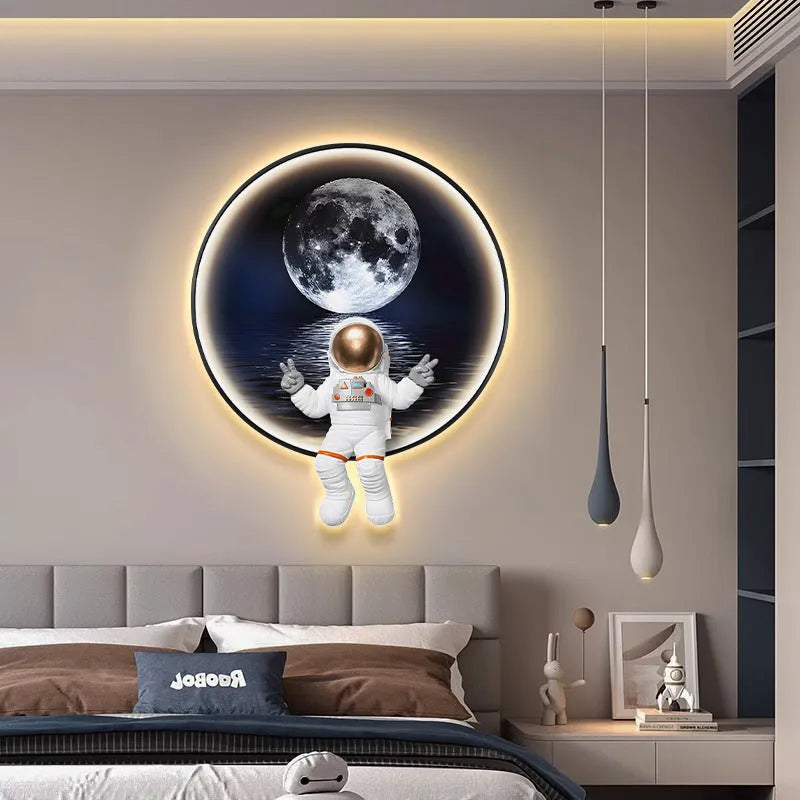 Canvas spaceman wall painting with USB LED light, frameless MDF board, small size 30x36 cm