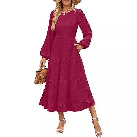 Women's long sleeve high waist dress in beige with ruffled sleeves