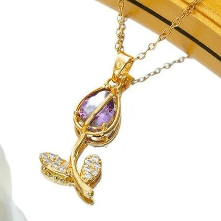 Zircon tulip necklace for women with gold floral pendant on adjustable titanium steel chain.