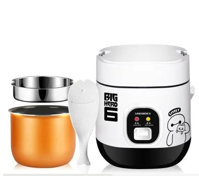 Compact blue mini rice cooker with steaming tray on kitchen counter