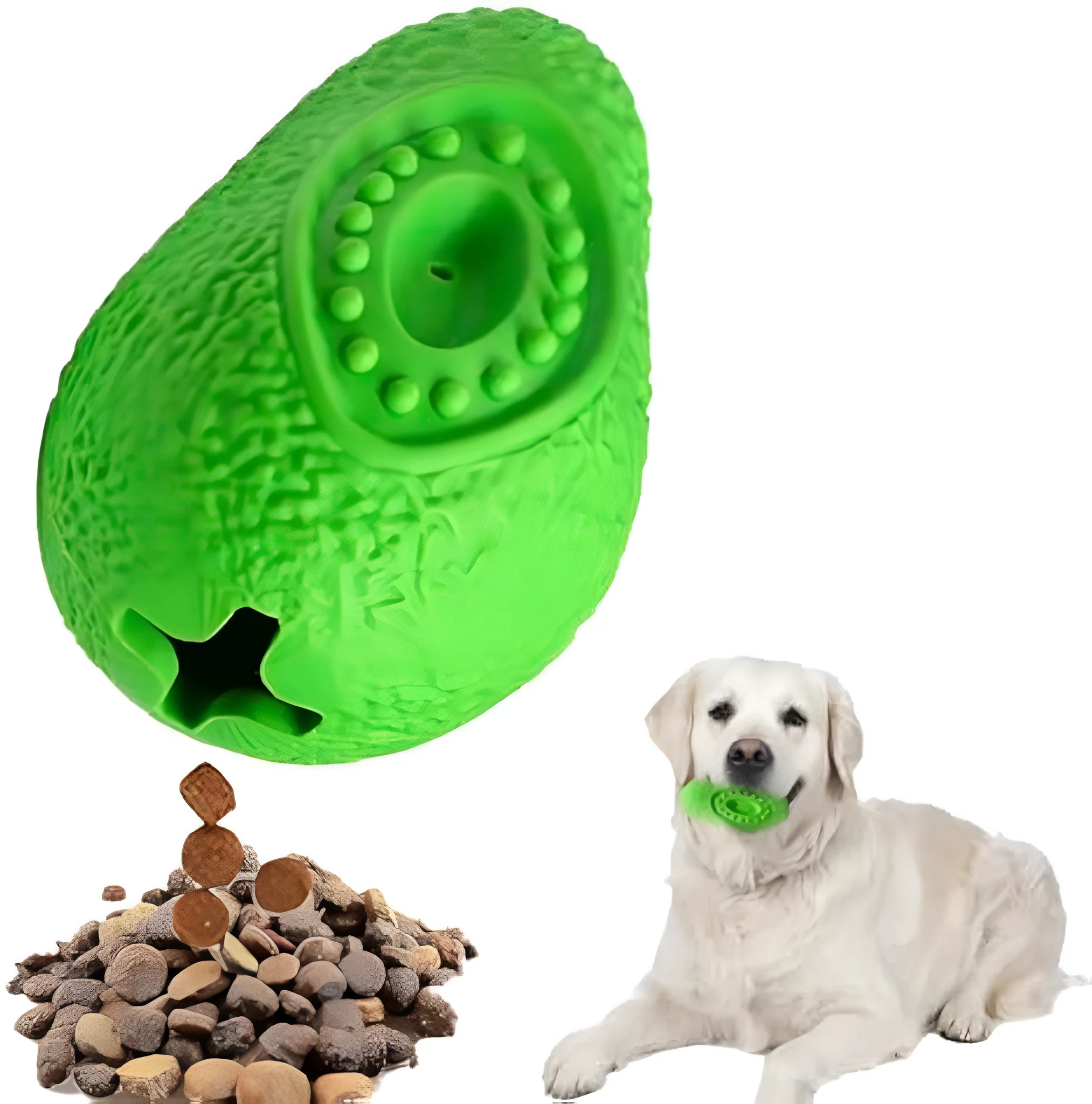 Green indestructible rubber dog chew toy for aggressive chewers on a white background.