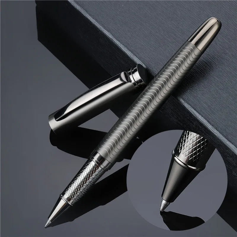 Fog gun gray metal signature pen with 0.5mm bullet nib on white background