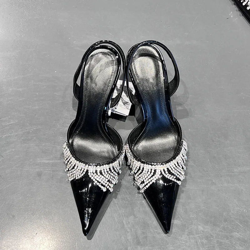 French tassel rhinestone slingback sandals pointed toe black 10cm heel microfiber upper