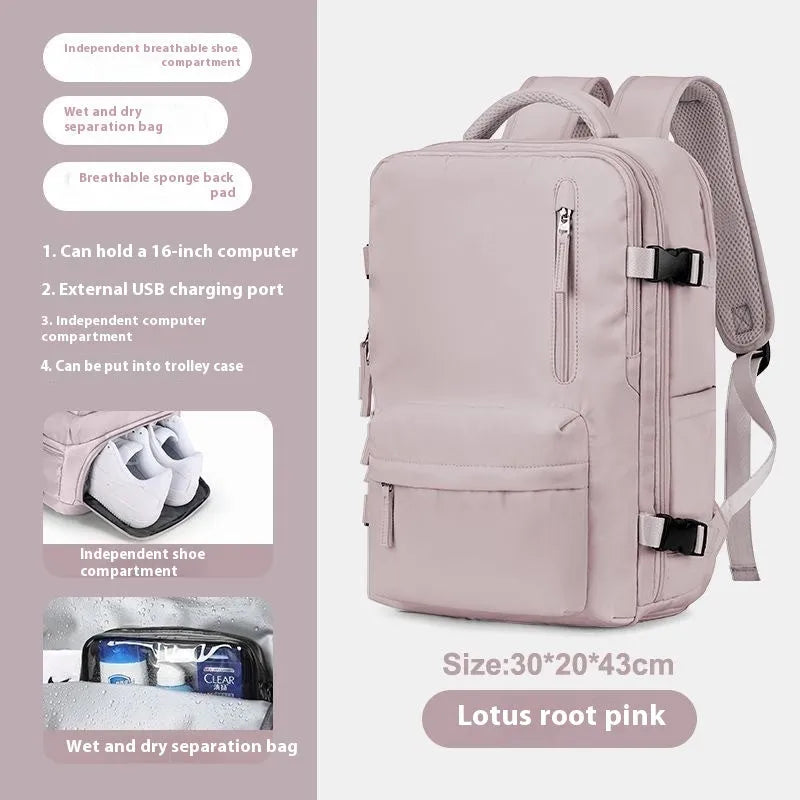 Large grey waterproof Oxford cloth travel backpack with curved shoulder straps shown front view.