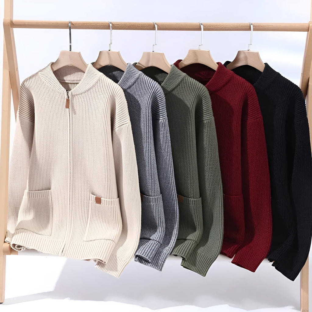 Men's striped cardigan sweater in chemical fibre blend shown in straight cut with multiple colour options